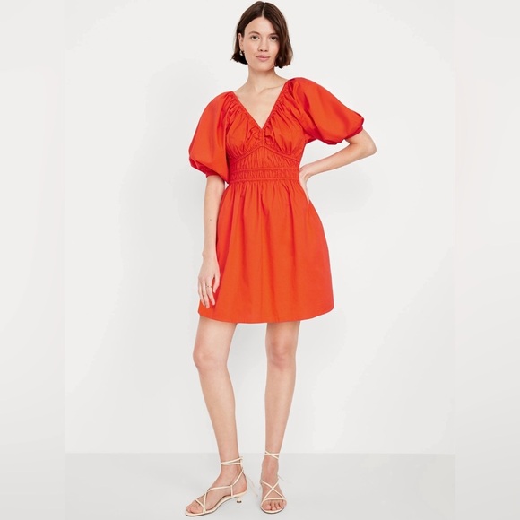 NWT! Old Navy Darling Clementine Waist-Defined Puff-Sleeve Mini Dress - Size XL - Picture 1 of 10